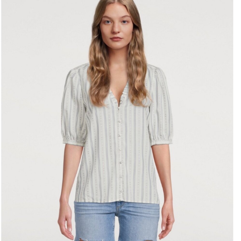 PAIGE Provence Blue and Ivory Short-Sleeve Blouse - Small